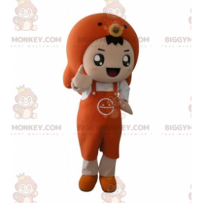 Orange boy BIGGYMONKEY™ mascot costume with apron and fish –