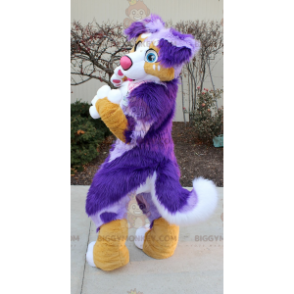 Purple Orange and White Furry Dog BIGGYMONKEY™ Mascot Costume -