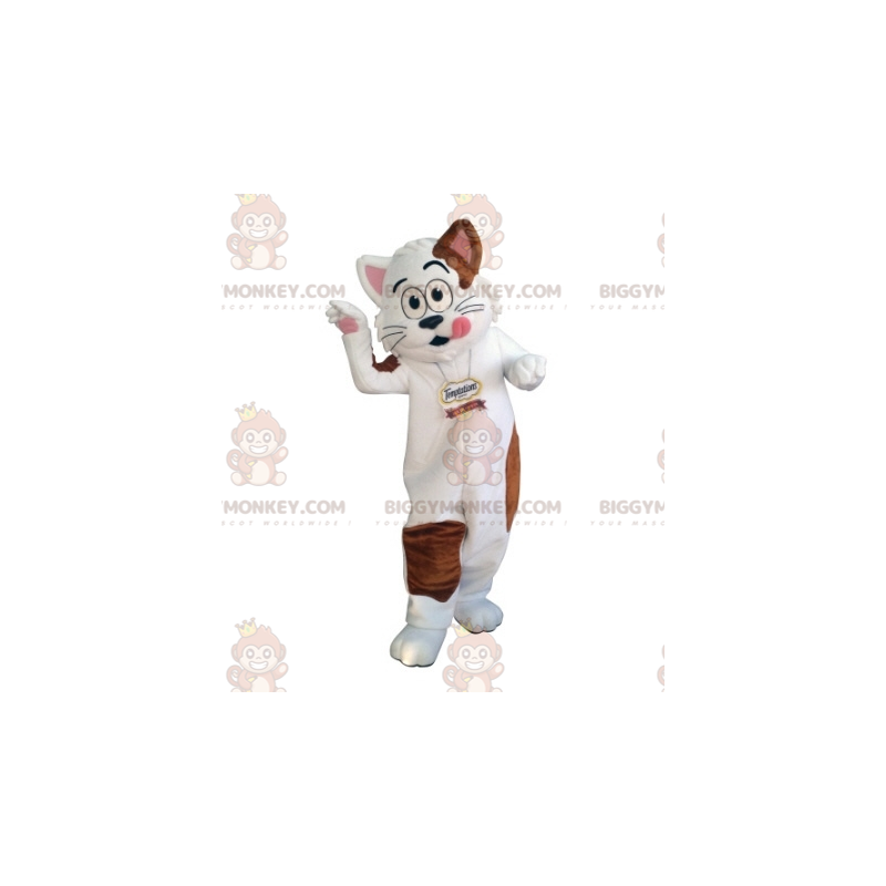 Λευκή και καφέ στολή μασκότ γάτας BIGGYMONKEY™. Στολή μασκότ