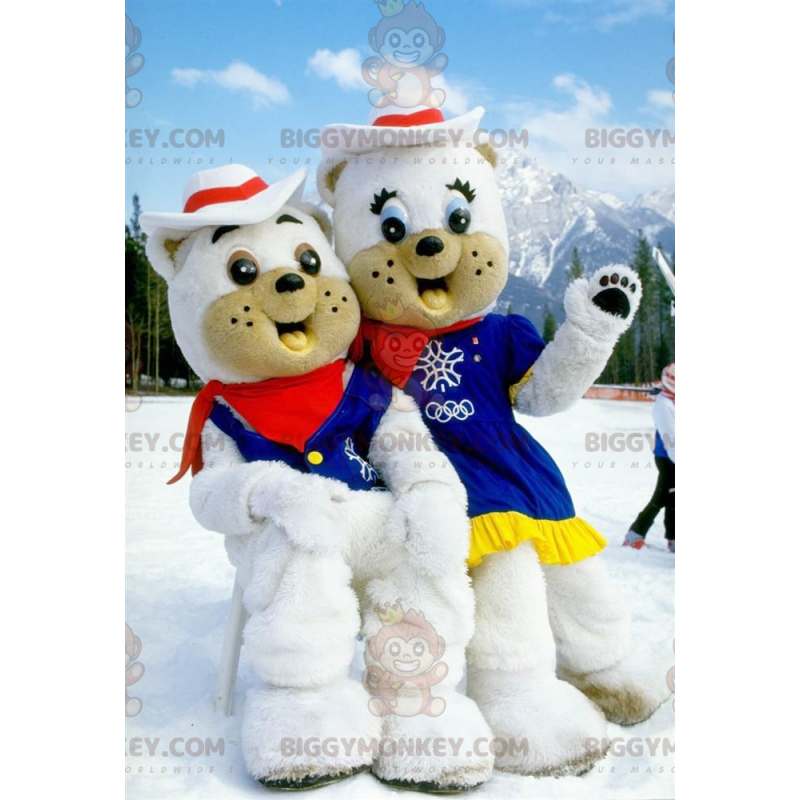 2 maskoti bílého medvěda BIGGYMONKEY™ v oblečení jako kovbojové