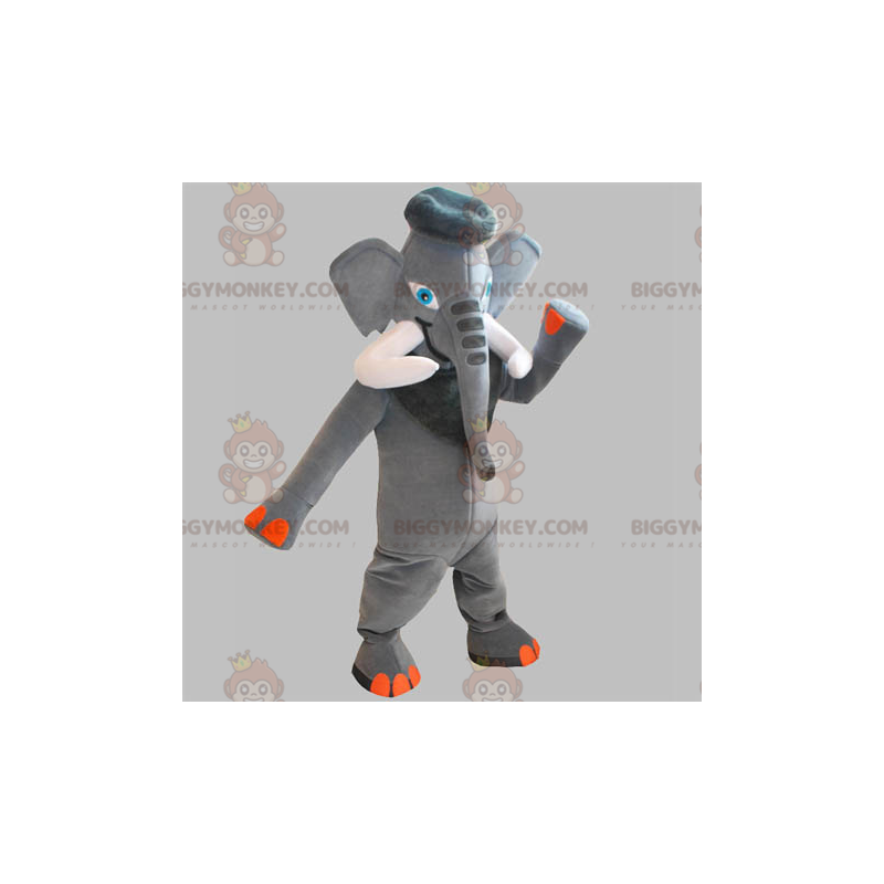 BIGGYMONKEY™ Maskotdräkt Grå och orange elefant med stora betar
