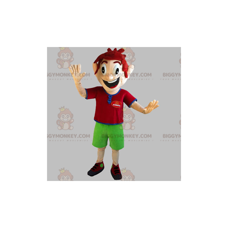 BIGGYMONKEY™ Maskottchen-Kostüm Sehr lächelnder roter Junge mit