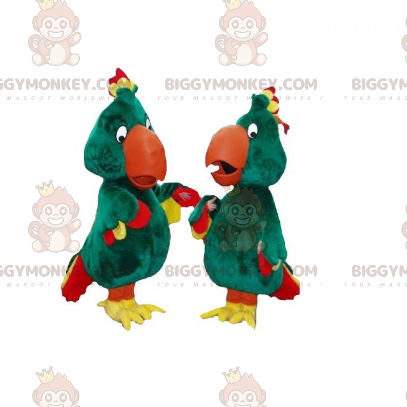 2 πράσινοι κίτρινοι και κόκκινοι παπαγάλοι μασκότ BIGGYMONKEY™