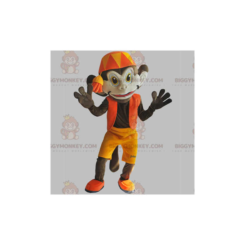 BIGGYMONKEY™ mascot costume of brown monkey with orange outfit.