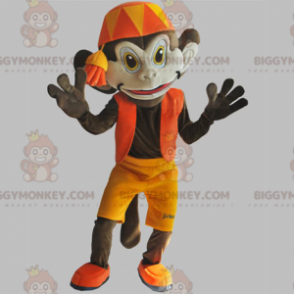 BIGGYMONKEY™ mascot costume of brown monkey with orange outfit.