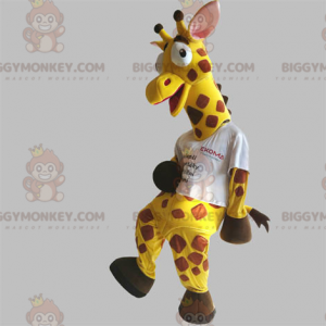 Traje de mascote gigante engraçado girafa amarela e marrom