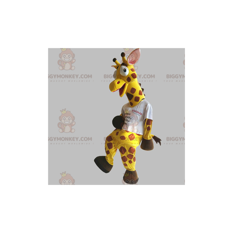 Kostým obří vtipné žluté a hnědé žirafy BIGGYMONKEY™ maskota –