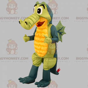BIGGYMONKEY™ maskotdräkt av grågrön och gul krokodil. Dragon