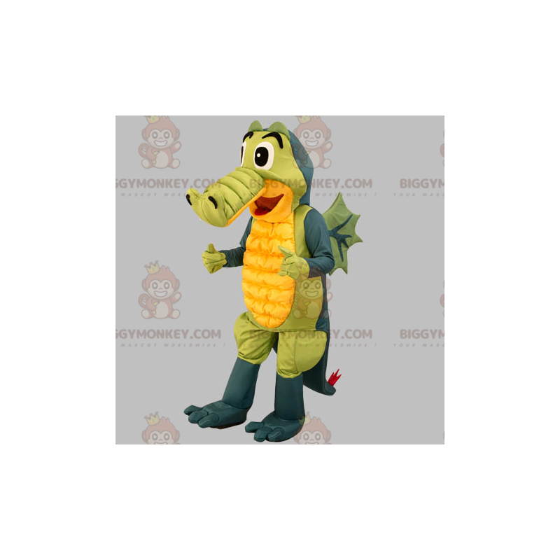 BIGGYMONKEY™ mascot costume of gray green and yellow crocodile.