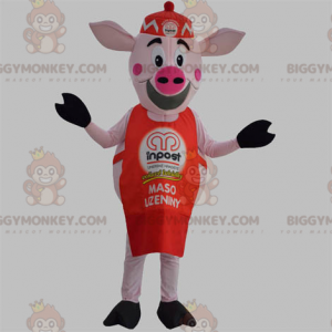 Στολή μασκότ BIGGYMONKEY™ Pink Pig με κόκκινη ποδιά και καπέλο