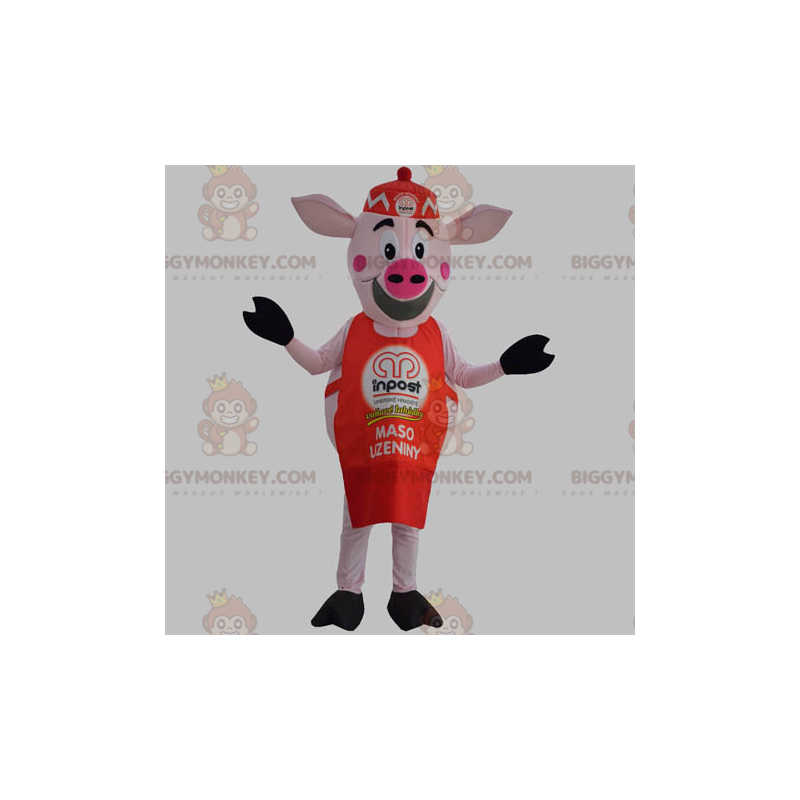 BIGGYMONKEY™ Pink Pig Mascot Costume with Red Apron and Hat -
