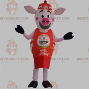 BIGGYMONKEY™ Pink Pig Mascot Costume with Red Apron and Hat –