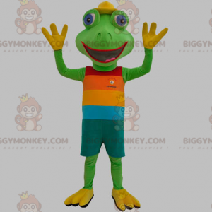 Grön groda BIGGYMONKEY™ maskotdräkt klädd i färgglad outfit -