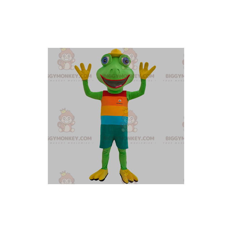 Grön groda BIGGYMONKEY™ maskotdräkt klädd i färgglad outfit -