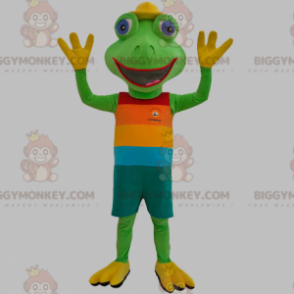 Grüner Frosch BIGGYMONKEY™ Maskottchenkostüm in buntem Outfit -