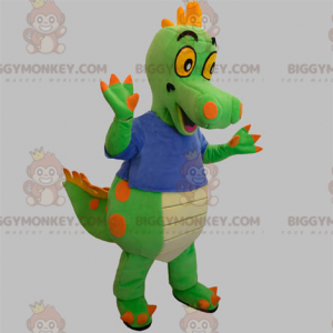 Grön och orange dinosaurie BIGGYMONKEY™ maskotdräkt med blå