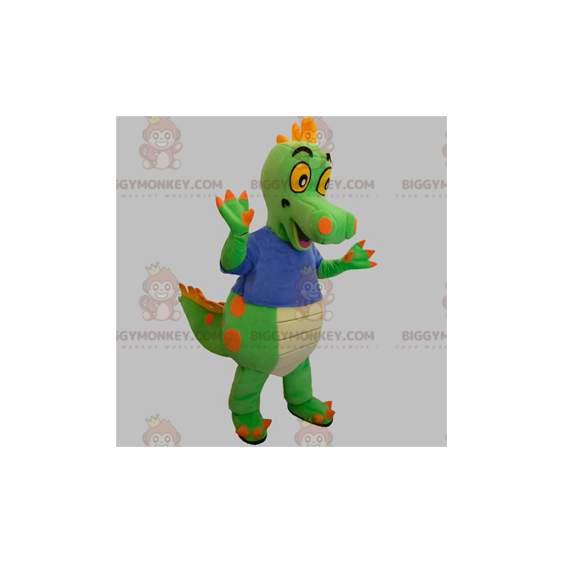 Costume mascotte BIGGYMONKEY™ dinosauro verde e arancione con