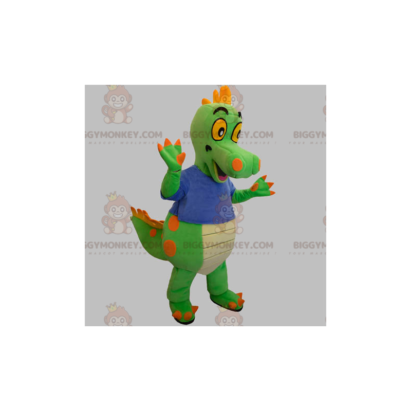 Grön och orange dinosaurie BIGGYMONKEY™ maskotdräkt med blå