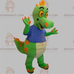 Costume mascotte BIGGYMONKEY™ dinosauro verde e arancione con