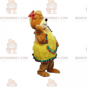 Braunes Teddy BIGGYMONKEY™ Maskottchenkostüm mit gelbem Kleid -