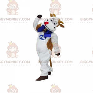 BIGGYMONKEY™ Mascot Costume White and Brown Cow with Bell -