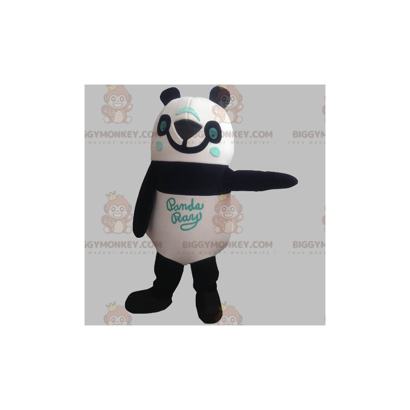 Costume da mascotte sorridente nero bianco blu Panda