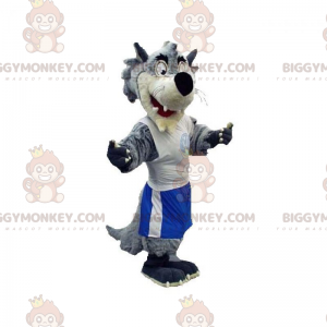 Grijze en witte wolf BIGGYMONKEY™ mascottekostuum gekleed in