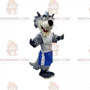 Traje de mascote BIGGYMONKEY™ Lobo Cinzento e Branco vestido