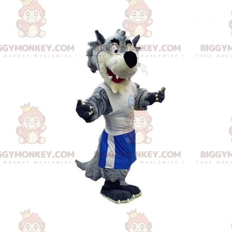 Costume de mascotte BIGGYMONKEY™ de loup gris et blanc habillé