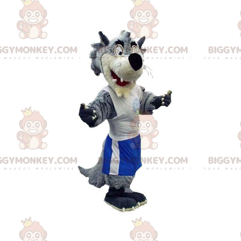 Kostium maskotki szaro-białego wilka BIGGYMONKEY™ w sportowej