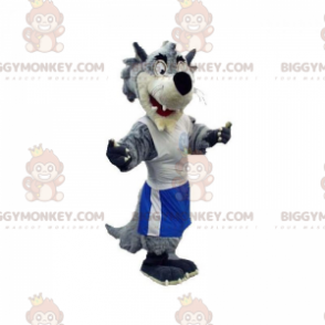Grijze en witte wolf BIGGYMONKEY™ mascottekostuum gekleed in