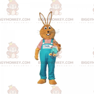Bruin konijn BIGGYMONKEY™ mascottekostuum met blauwe overall -