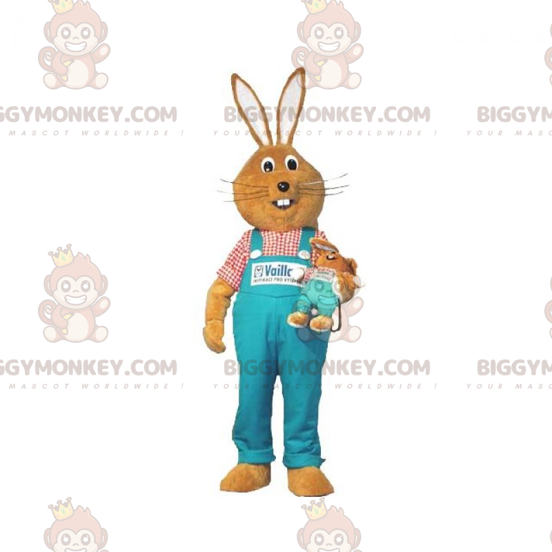 Brun kanin BIGGYMONKEY™ maskotdräkt med blå overall -