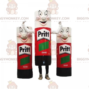 Mascota gigante de tubo de pegamento rojo, blanco y negro de