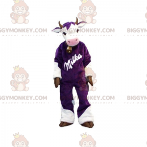 Fantasia de mascote BIGGYMONKEY™ de vaca roxa e branca. Traje