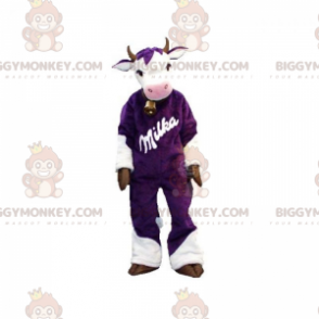 Disfraz de mascota BIGGYMONKEY™ de vaca morada y blanca.
