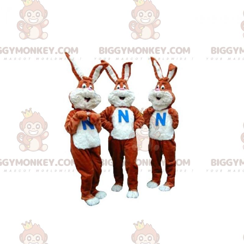 3 BIGGYMONKEY™s maskot av bruna och vita kaniner. Set med 3