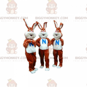 3 mascote BIGGYMONKEY™ de coelhos marrons e brancos. Conjunto