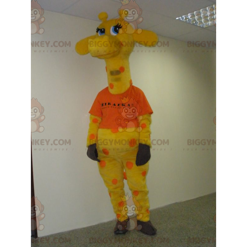 BIGGYMONKEY™ Maskotdräkt Gul och orange giraff med blå ögon -