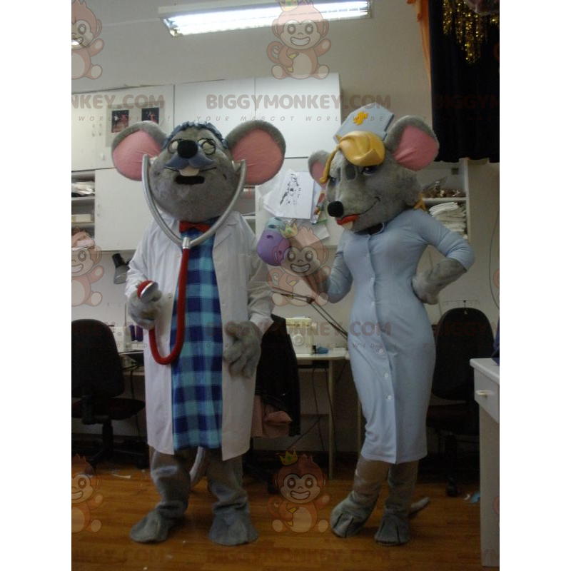 2 maskoti myši BIGGYMONKEY™ převlečení za lékaře a zdravotní