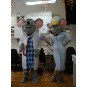 2 mascotes de rato do BIGGYMONKEY™ vestidos de médicos e
