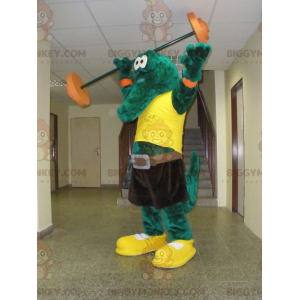 Στολή μασκότ BIGGYMONKEY™ Green Crocodile με κίτρινο μπλουζάκι