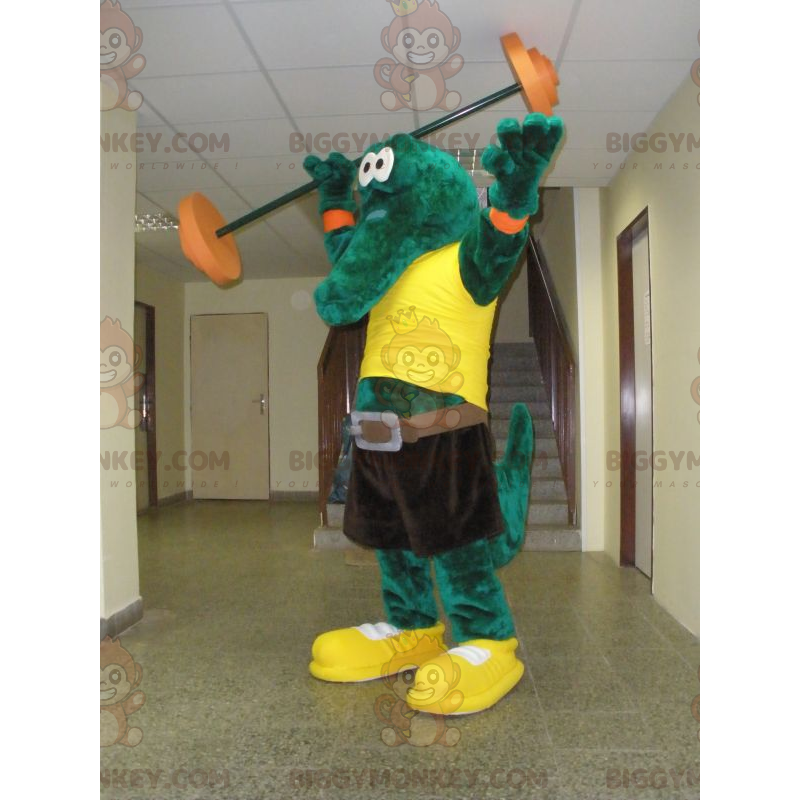 Costume mascotte BIGGYMONKEY™ coccodrillo verde con t-shirt