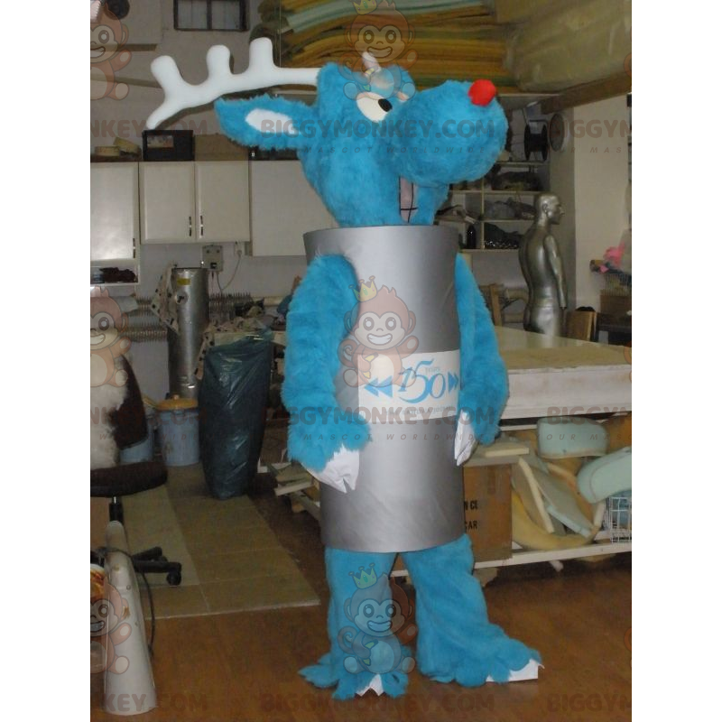 Blue Reindeer BIGGYMONKEY™ Mascot Costume with Gray Cylinder