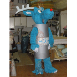 Blue Reindeer BIGGYMONKEY™ Mascot Costume with Gray Cylinder