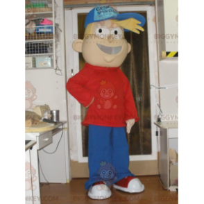 BIGGYMONKEY™ mascot costume of blonde boy in red and blue