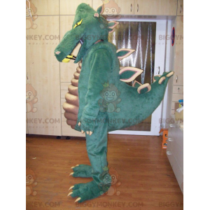 Traje de mascote de dinossauro verde muito impressionante e