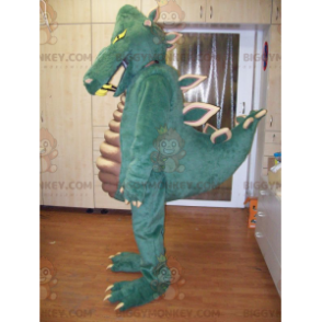 Traje de mascote de dinossauro verde muito impressionante e