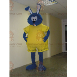 BIGGYMONKEY™ maskotdräkt av blå kanin klädd i gult. fet kanin -