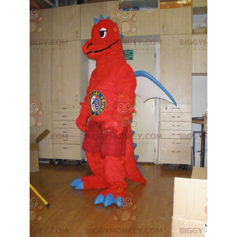 Traje de mascote gigante vermelho branco e azul dragão